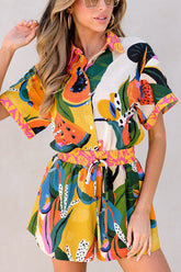 Meet At Sunset – Einzigartiges Set mit Bluse mit Fruchtdruck und Shorts mit Taschen und elastischer Taille